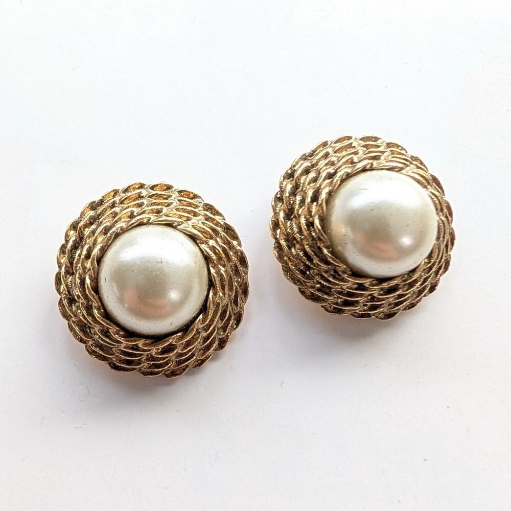 1928 Vintage Inspired Gold Tone Twisted Rope Faux Pearl Cabochon Clip Earrings